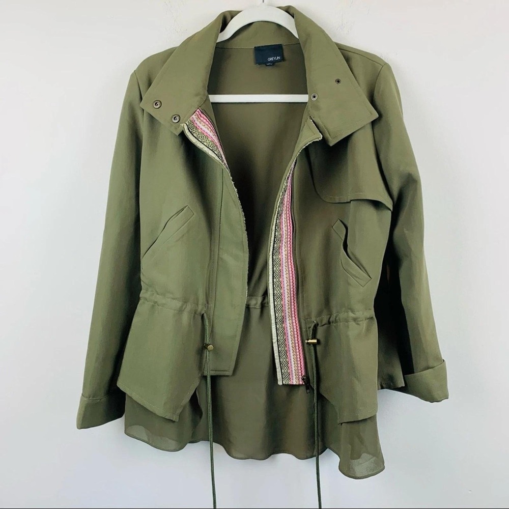 Greylin Women's Small Olive Green Utility Jacket Woven Trim Drawstring Waist